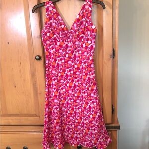 Colorful Express Bright Pink Floral Midi Dress for women with V-Neck Size 3/4